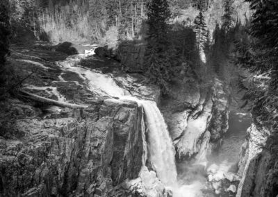 Monochrome image of Elk Falls on the Campbell River, BC