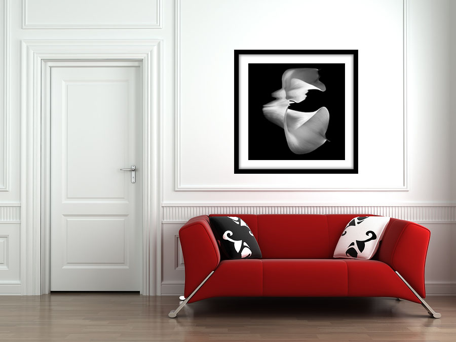 Black and white cala lily image with red couch